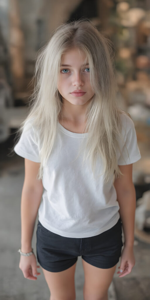 a upper body portrait, (((super cute adult girl))) with pale skin and (((adorable sparkling eyes))), along with long, flowing (((soft straight white hair))), dressed in a sleek ((white short t-shirt)), (((black mini shorts))), and (comfortable, casual shoes) that give off a cozy, laid-back vibe, she stands in front of the viewer