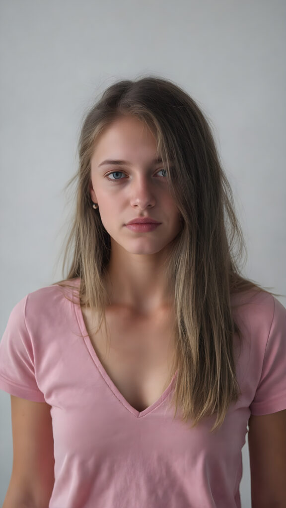 a upper body portrait from a young beautiful cute teen girl, 16 years old, perfect body, cropped short t-shirt, deep v-neck, straight jet hair, grey background, ((stunning)) ((gorgeous)) ((realistic detailed photo)), focus on center