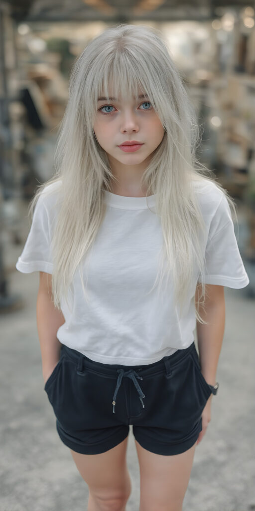 a upper body portrait, (((super cute adult girl))) with pale skin and (((adorable sparkling eyes))), along with long, flowing (((soft straight white hair))), dressed in a sleek ((white short t-shirt)), (((black mini shorts))), and (comfortable, casual shoes) that give off a cozy, laid-back vibe, she stands in front of the viewer