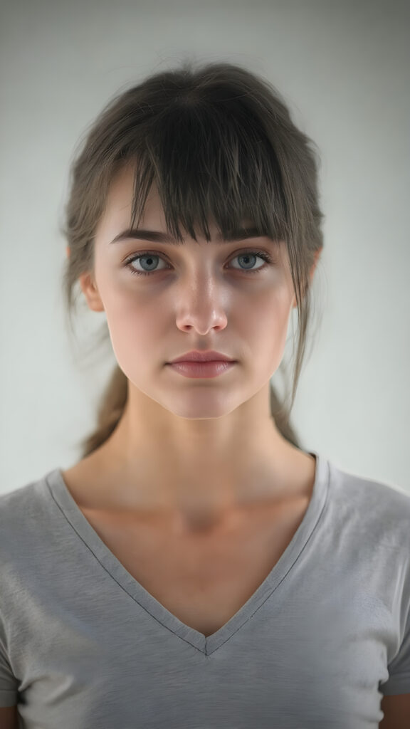 a upper body portrait from a young beautiful cute teen girl, 16 years old, perfect body, cropped short t-shirt, deep v-neck, straight jet hair, grey background, ((stunning)) ((gorgeous)) ((realistic detailed photo)), focus on center