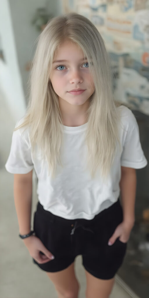 a upper body portrait, (((super cute adult girl))) with pale skin and (((adorable sparkling eyes))), along with long, flowing (((soft straight white hair))), dressed in a sleek ((white short t-shirt)), (((black mini shorts))), and (comfortable, casual shoes) that give off a cozy, laid-back vibe, she stands in front of the viewer