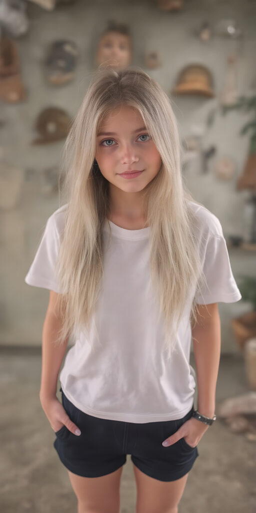 a upper body portrait, (((super cute adult girl))) with pale skin and (((adorable sparkling eyes))), along with long, flowing (((soft straight white hair))), dressed in a sleek ((white short t-shirt)), (((black mini shorts))), and (comfortable, casual shoes) that give off a cozy, laid-back vibe, she stands in front of the viewer