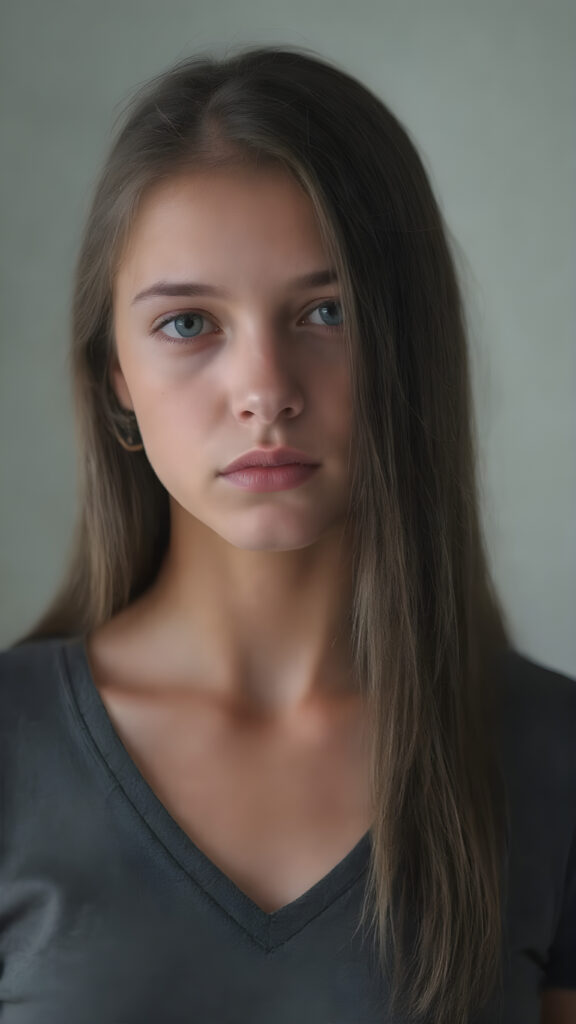 a upper body portrait from a young beautiful cute teen girl, 16 years old, perfect body, cropped short t-shirt, deep v-neck, straight jet hair, grey background, ((stunning)) ((gorgeous)) ((realistic detailed photo)), focus on center