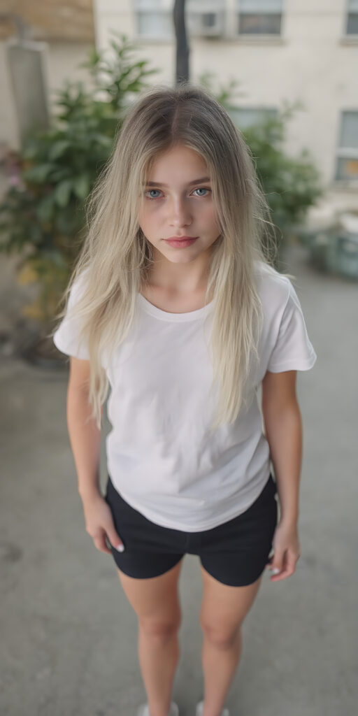 a upper body portrait, (((super cute adult girl))) with pale skin and (((adorable sparkling eyes))), along with long, flowing (((soft straight white hair))), dressed in a sleek ((white short t-shirt)), (((black mini shorts))), and (comfortable, casual shoes) that give off a cozy, laid-back vibe, she stands in front of the viewer