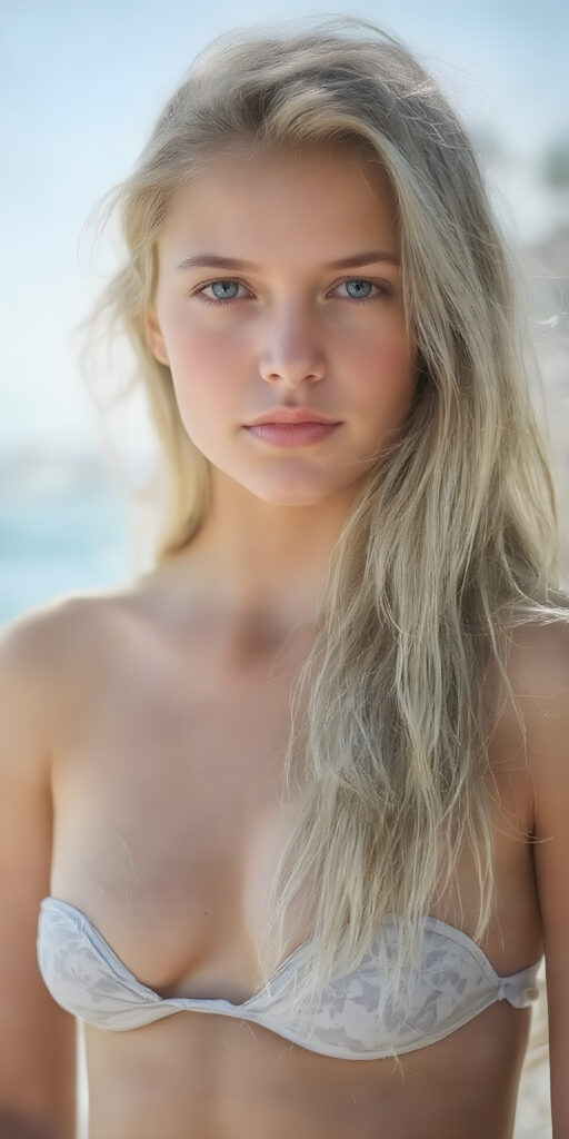 a (((very attractive young girl))), with long, flowing blond hair that perfectly complements her warm skin, dressed in a (((tiny bikini))), exuding a youthful, carefree vibe on a (sunny beach) backdrop, where she's poised for a classic portrait photograph that captures her stunning features