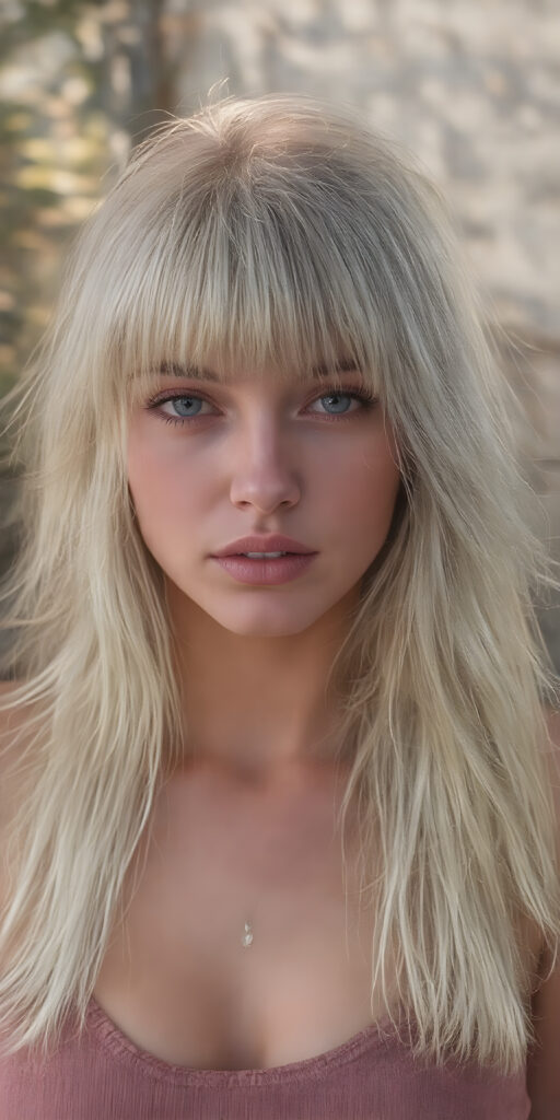 a (((very beautiful young well busty girl))), with (((platinum blond soft long hair, bangs, frame her face))), she wears a (((super short, tight tank top))), round face, full lips, perfect curved body, the sun-kissed scene sets the stage for her breathtaking beauty