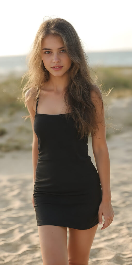 a (((very beautiful woman))) aged 15, whose image exudes confidence and vitality, embodying the essence of youthful charm, she wears a (black dress) that draws attention to her (calves) and (skinny legs). Her brown hair is wavy, very long, featuring that add a whimsical touch to her look, captures the light in a (dynamic composition), all against a sunny beach sandy backdrop, sunrise