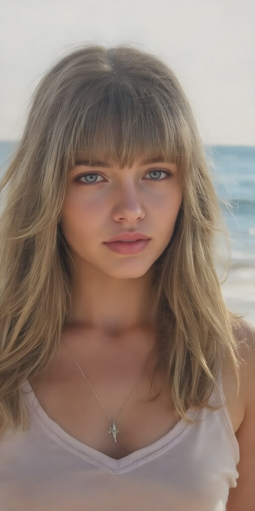 a (((very beautiful young well busty teen girl))), with (((hazelnut soft long hair, bangs, frame her face))), she wears a (((super short, tight tank top, deep v-neck))), round face, full lips, perfect curved body, the sun-kissed scene sets the stage for her breathtaking beauty