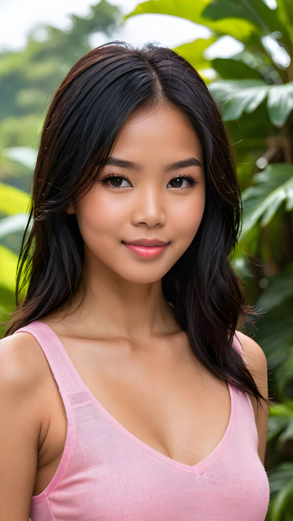 a (((very beautiful Pinay teenage girl))), 13 years old, with long, flowing, voluminous (((detailed soft black hair))), styled in a sleek, shiny, straight haircut with sharp, defined (((full lips))), emitting an ethereal glow that complements her otherwise natural features, dressed in a (((pink short thin plain and cropped tank top made of fine wool, deep v-neck))), perfect curved fit body, she radiates pure joy, smile, perfect white teeth, round realistic face, round shiny amber eyes, full kissable lips, Philippines