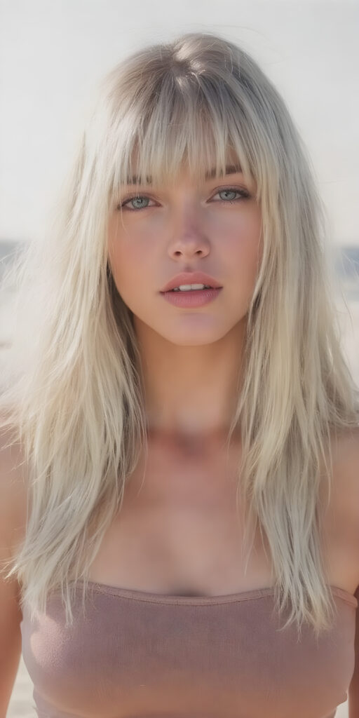 a (((very beautiful young well busty girl))), with (((platinum blond soft long hair, bangs, frame her face))), she wears a (((super short, tight tank top))), round face, full lips, perfect curved body, the sun-kissed scene sets the stage for her breathtaking beauty