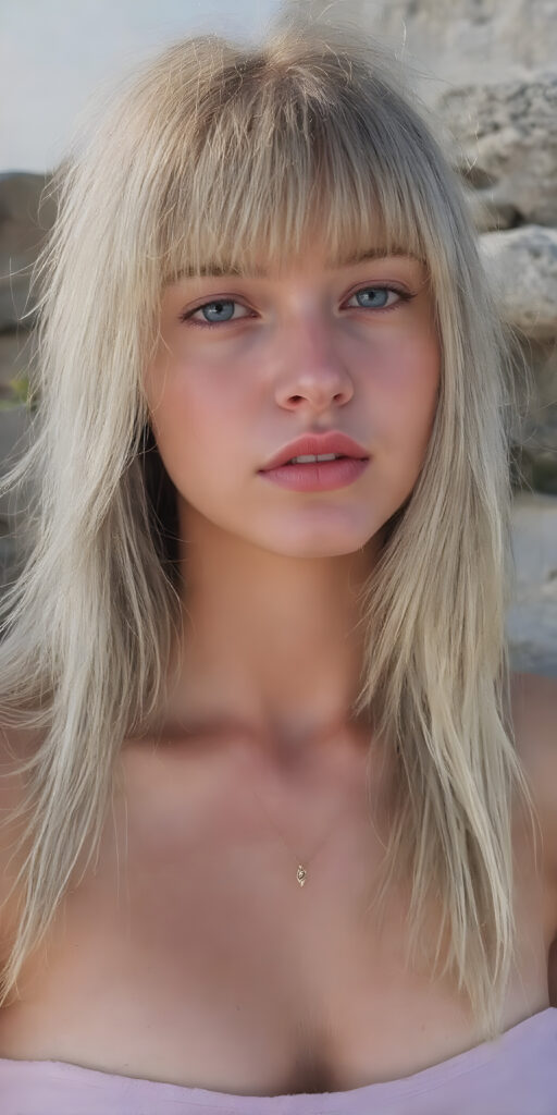 a (((very beautiful young well busty girl))), with (((platinum blond soft long hair, bangs, frame her face))), she wears a (((super short, tight tank top))), round face, full lips, perfect curved body, the sun-kissed scene sets the stage for her breathtaking beauty