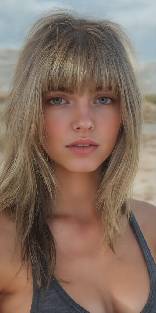 a (((very beautiful young well busty teen girl))), with (((hazelnut soft long hair, bangs, frame her face))), she wears a (((super short, tight tank top, deep v-neck))), round face, full lips, perfect curved body, the sun-kissed scene sets the stage for her breathtaking beauty