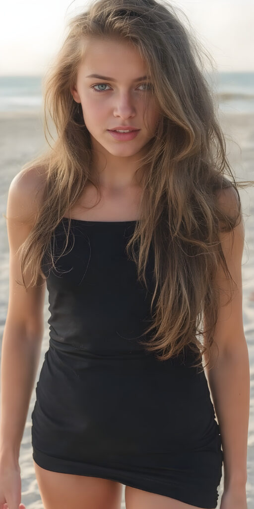 a (((very beautiful woman))) aged 15, whose image exudes confidence and vitality, embodying the essence of youthful charm, she wears a (black dress) that draws attention to her (calves) and (skinny legs). Her brown hair is wavy, very long, featuring that add a whimsical touch to her look, captures the light in a (dynamic composition), all against a sunny beach sandy backdrop, sunrise