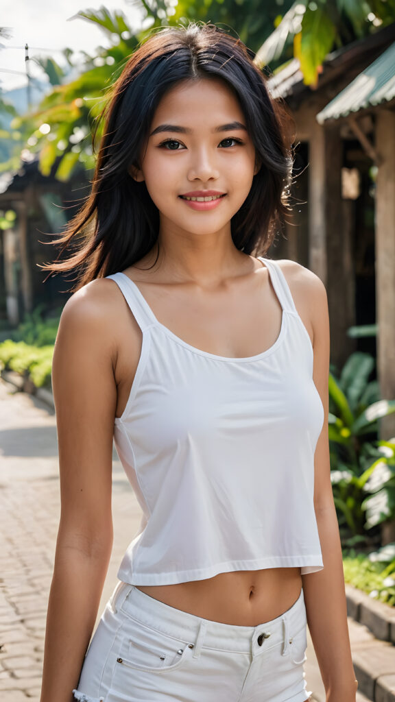 a (((very beautiful Indonesian teen girl))), 15 years old, with long, flowing, voluminous (((black hair))), styled in a sleek, shiny, straight haircut with sharp, defined (((full lips))), emitting an ethereal glow that complements her otherwise natural features, dressed in a (((white short cropped tank top))), she radiates pure joy, smile, perfect white teeth