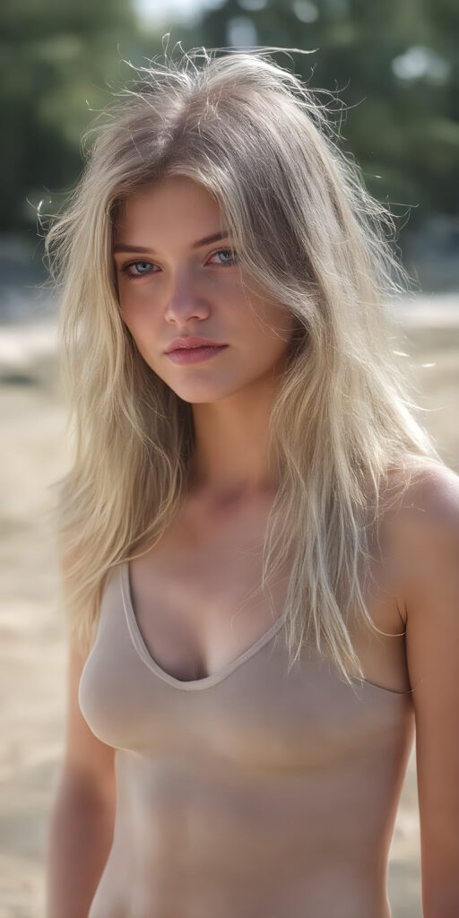 a (((very beautiful young teen girl))), with an (thin, yet well-proportioned figure), lightly dressed in a (((tank top with a low cut V-neck))), (perfectly shaped and proportioned body) that exudes confidence and natural beauty. Her sun-kissed skin and perfectly proportioned face are further accentuated by long, flowing blonde hair. The scene should be set on a (calmly sunny summer day) with a soft focus on the girl's upper body, showcasing her full figure in a side view, capturing her perfectly proportioned figure, and perfectly framed hands that add to the overall beauty of the scene