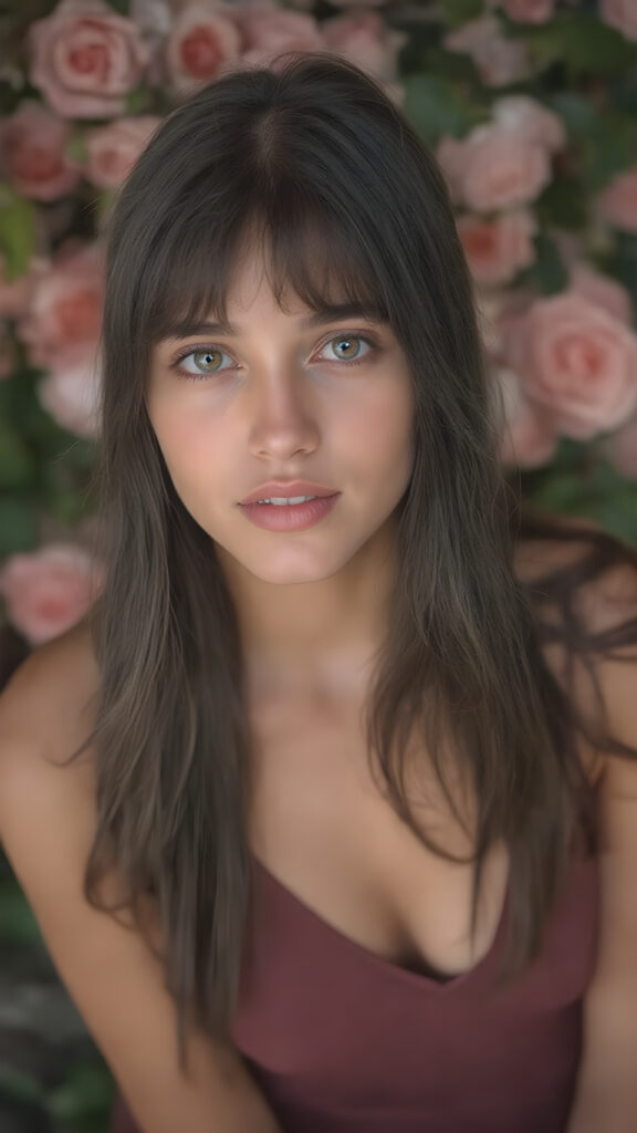 a very beautiful close-up portrait of a young and pretty Persian teen girl, 15 years old. She has an angelic face and long, ((black perfect soft hair)) in bangs cut. ((Realistic details)), ((matching eyes)), ((perfect hands)), ((nice body)), ((perfect teeth)), ((face illuminated)), (((looking into the camera))), ((in a garden of roses)), ((wears a cropped tank top with deep v-neck)), ((soft color lighting)), ((crisp details)), ((detailed)), ((stunning)), ((gorgeous)), ((realistic skin)), ((shinny)), ((natural))