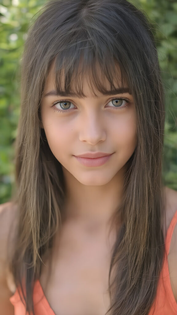 a very beautiful close-up portrait of a young and pretty Persian teen girl, she has an angelic face and long, ((black perfect soft hair)) in bangs cut. ((Realistic details)), ((matching eyes)), ((perfect hands)), ((nice body)), ((perfect teeth)), ((face illuminated)), (((looking into the camera))), ((wears a cropped tank top with deep v-neck)), ((soft color lighting)), ((crisp details)), ((detailed)), ((stunning)), ((gorgeous)), ((realistic skin)), ((shinny)), ((natural)), all against a sunny green background