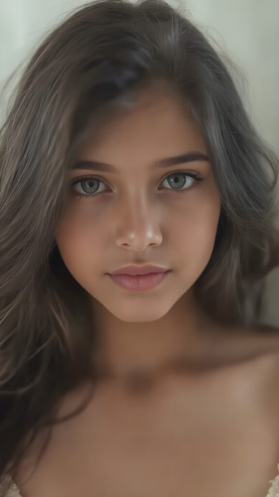 a very beautiful close-up portrait of a young and pretty Peruvian teen girl, she has an angelic face and long, ((perfect soft hair)), ((realistic details)), ((matching eyes)), ((perfect hands)), ((nice body)), ((perfect teeth)), ((face illuminated)), (((looking into the camera))), ((wears a cropped tank top with deep v-neck)), ((soft color lighting)), ((crisp details)), ((detailed)), ((stunning)), ((gorgeous)), ((realistic skin)), ((shinny)), ((natural))