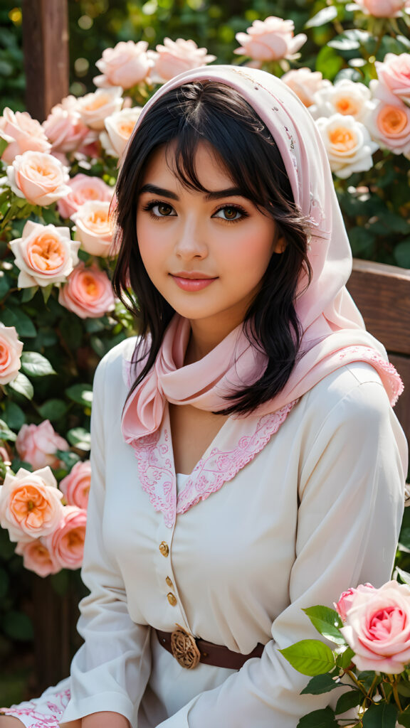 a very beautiful close-up portrait of a young and pretty Persian teen girl, 15 years old. She has an angelic face and long, ((black hair)) in bangs cut. ((Realistic details)), ((matching eyes)), ((perfect hands)), ((nice body)), ((perfect teeth)), ((face illuminated)), (((looking into the camera))), ((wearing a white and pink hijab)), ((holding a bouquet of white and pink flowers)), ((sitting on a wooden bench ((in a garden of roses)))), ((soft color lighting)), ((crisp details)), ((detailed)), ((stunning)), ((gorgeous)), ((realistic skin)), ((shinny)), ((natural)). (((Empty, dark background)))