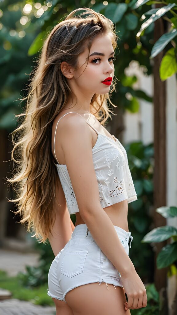 a very beautiful and detailed photo of a cute, pretty, stunning, girl model, 14 years old, ((very long and messy hair)), ((white crop top)), ((shorts)), ((red lipstick)), ((beautiful face)), ((soft body)), (((side view)))