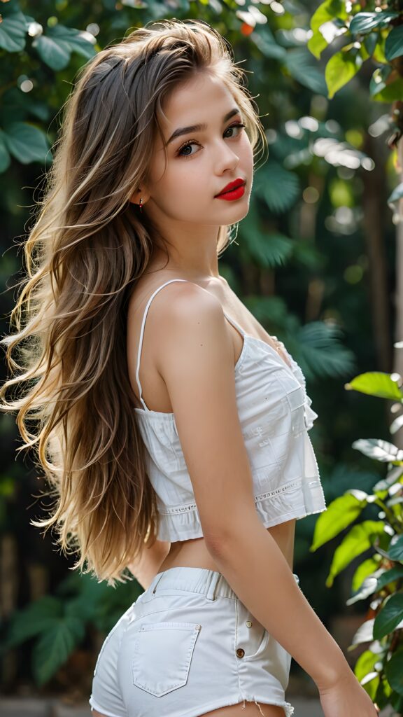 a very beautiful and detailed photo of a cute, pretty, stunning, girl model, 14 years old, ((very long and messy hair)), ((white crop top)), ((shorts)), ((red lipstick)), ((beautiful face)), ((soft body)), (((side view)))