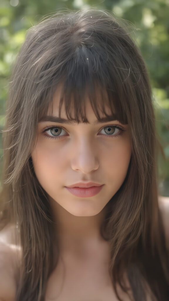 a very beautiful close-up portrait of a young and pretty Persian teen girl, she has an angelic face and long, ((black perfect soft hair)) in bangs cut. ((Realistic details)), ((matching eyes)), ((perfect hands)), ((nice body)), ((perfect teeth)), ((face illuminated)), (((looking into the camera))), ((wears a cropped tank top with deep v-neck)), ((soft color lighting)), ((crisp details)), ((detailed)), ((stunning)), ((gorgeous)), ((realistic skin)), ((shinny)), ((natural)), all against a sunny green background