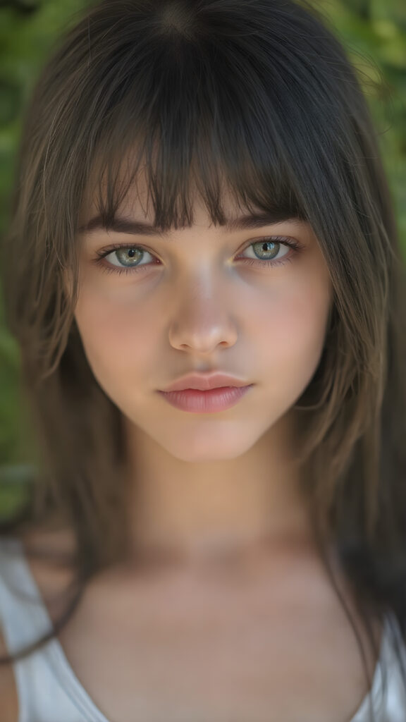 a very beautiful close-up portrait of a young and pretty Persian teen girl, she has an angelic face and long, ((black perfect soft hair)) in bangs cut. ((Realistic details)), ((matching eyes)), ((perfect hands)), ((nice body)), ((perfect teeth)), ((face illuminated)), (((looking into the camera))), ((wears a cropped tank top with deep v-neck)), ((soft color lighting)), ((crisp details)), ((detailed)), ((stunning)), ((gorgeous)), ((realistic skin)), ((shinny)), ((natural)), all against a sunny green background