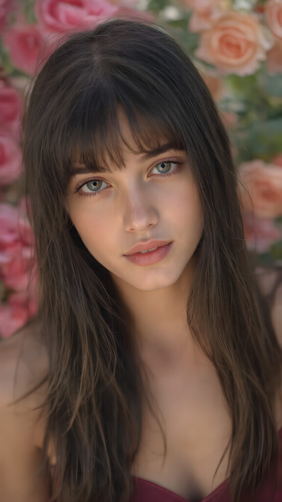 a very beautiful close-up portrait of a young and pretty Persian teen girl, 15 years old. She has an angelic face and long, ((black perfect soft hair)) in bangs cut. ((Realistic details)), ((matching eyes)), ((perfect hands)), ((nice body)), ((perfect teeth)), ((face illuminated)), (((looking into the camera))), ((in a garden of roses)), ((wears a cropped tank top with deep v-neck)), ((soft color lighting)), ((crisp details)), ((detailed)), ((stunning)), ((gorgeous)), ((realistic skin)), ((shinny)), ((natural))