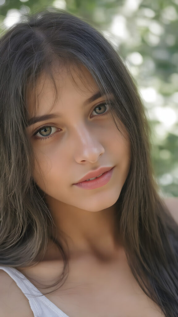 a very beautiful close-up portrait of a young and pretty Persian teen girl, she has an angelic face and long, ((black perfect soft hair)) in bangs cut. ((Realistic details)), ((matching eyes)), ((perfect hands)), ((nice body)), ((perfect teeth)), ((face illuminated)), (((looking into the camera))), ((wears a cropped tank top with deep v-neck)), ((soft color lighting)), ((crisp details)), ((detailed)), ((stunning)), ((gorgeous)), ((realistic skin)), ((shinny)), ((natural)), all against a sunny green background