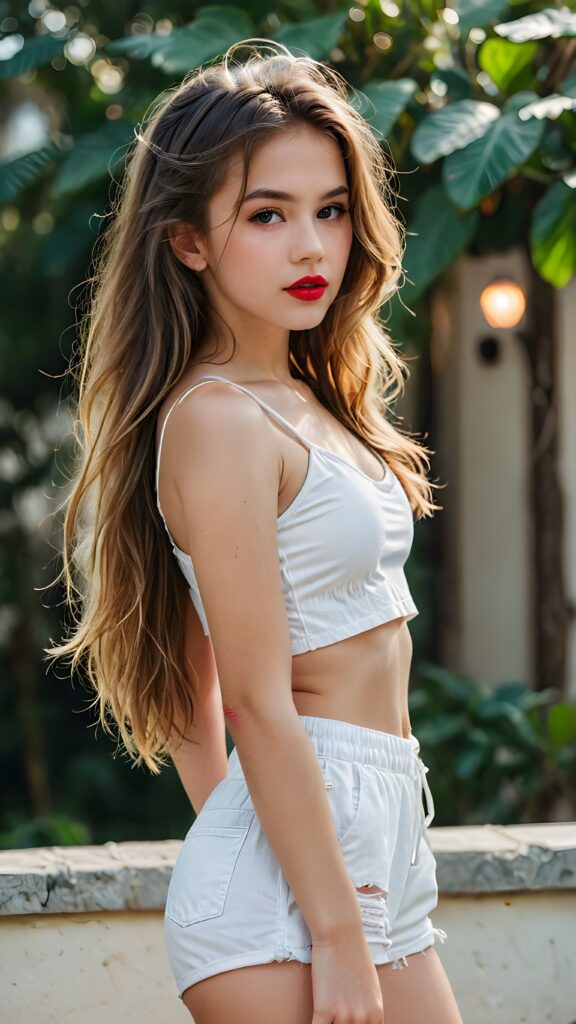 a very beautiful and detailed photo of a cute, pretty, stunning, girl model, 14 years old, ((very long and messy hair)), ((white crop top)), ((shorts)), ((red lipstick)), ((beautiful face)), ((soft body)), (((side view)))