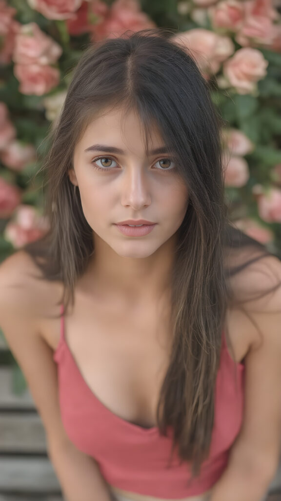 a very beautiful close-up portrait of a young and pretty Persian teen girl, 15 years old. She has an angelic face and long, ((black perfect soft hair)) in bangs cut. ((Realistic details)), ((matching eyes)), ((perfect hands)), ((nice body)), ((perfect teeth)), ((face illuminated)), (((looking into the camera))), ((in a garden of roses)), ((wears a cropped tank top with deep v-neck)), ((soft color lighting)), ((crisp details)), ((detailed)), ((stunning)), ((gorgeous)), ((realistic skin)), ((shinny)), ((natural))