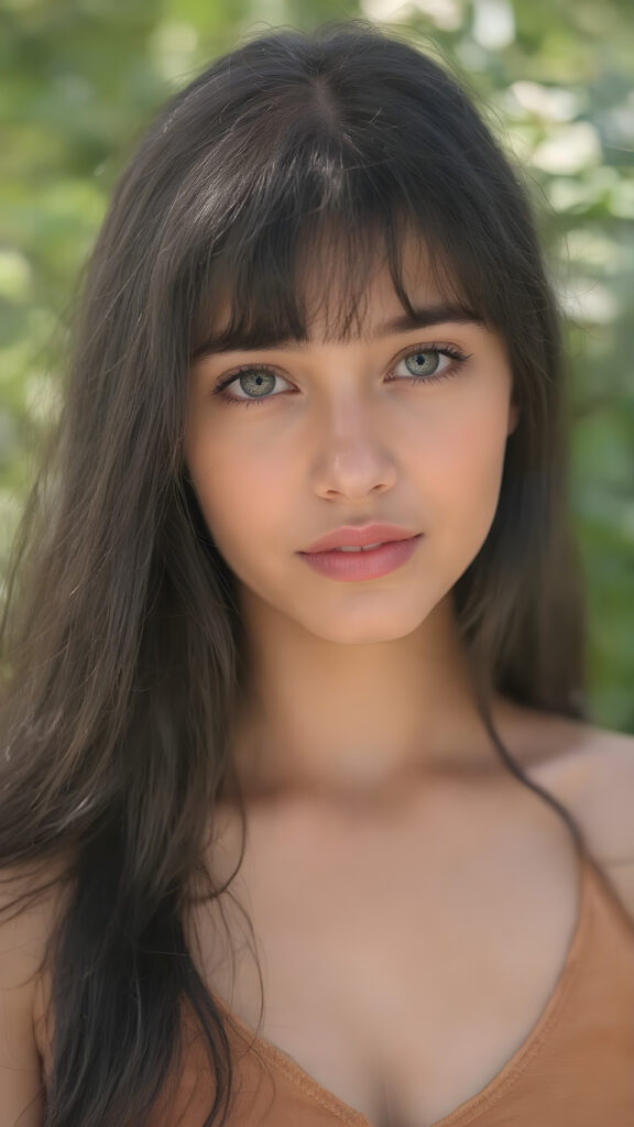 a very beautiful close-up portrait of a young and pretty Persian teen girl, she has an angelic face and long, ((black perfect soft hair)) in bangs cut. ((Realistic details)), ((matching eyes)), ((perfect hands)), ((nice body)), ((perfect teeth)), ((face illuminated)), (((looking into the camera))), ((wears a cropped tank top with deep v-neck)), ((soft color lighting)), ((crisp details)), ((detailed)), ((stunning)), ((gorgeous)), ((realistic skin)), ((shinny)), ((natural)), all against a sunny green background