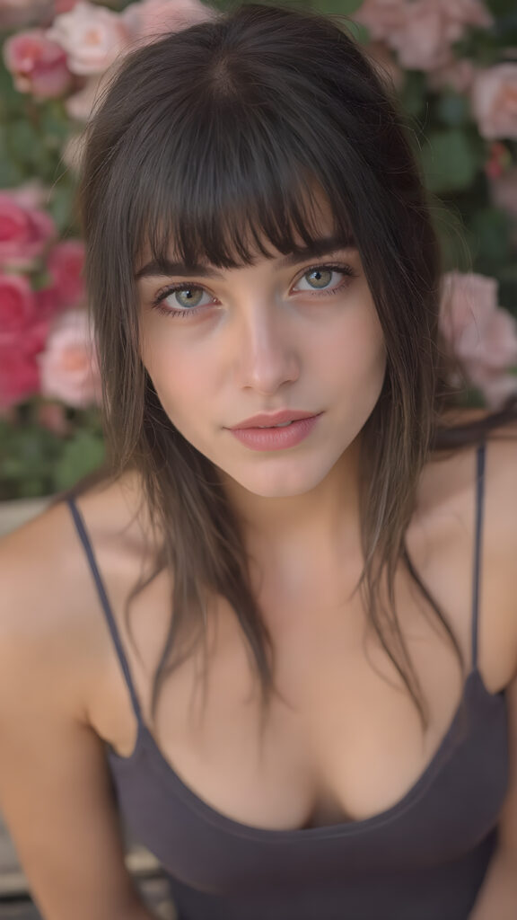 a very beautiful close-up portrait of a young and pretty Persian teen girl, 15 years old. She has an angelic face and long, ((black perfect soft hair)) in bangs cut. ((Realistic details)), ((matching eyes)), ((perfect hands)), ((nice body)), ((perfect teeth)), ((face illuminated)), (((looking into the camera))), ((in a garden of roses)), ((wears a cropped tank top with deep v-neck)), ((soft color lighting)), ((crisp details)), ((detailed)), ((stunning)), ((gorgeous)), ((realistic skin)), ((shinny)), ((natural))