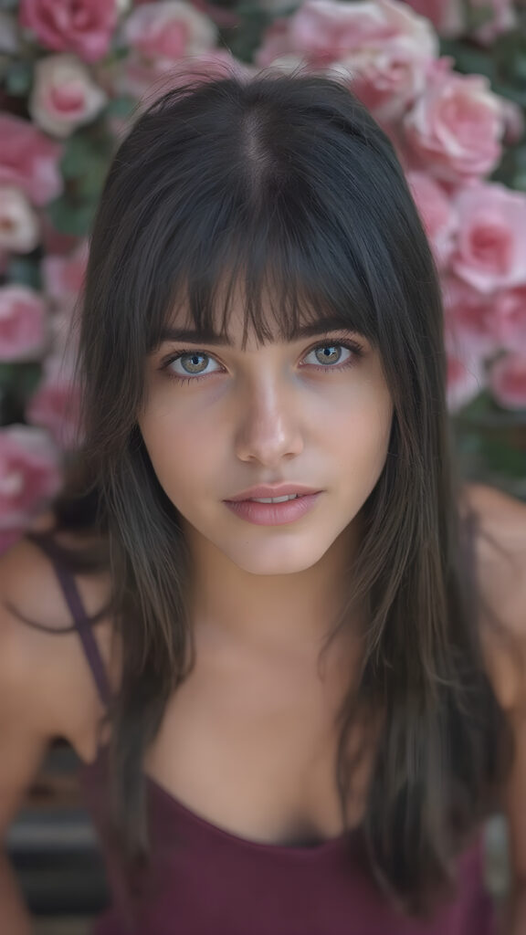 a very beautiful close-up portrait of a young and pretty Persian teen girl, 15 years old. She has an angelic face and long, ((black perfect soft hair)) in bangs cut. ((Realistic details)), ((matching eyes)), ((perfect hands)), ((nice body)), ((perfect teeth)), ((face illuminated)), (((looking into the camera))), ((in a garden of roses)), ((wears a cropped tank top with deep v-neck)), ((soft color lighting)), ((crisp details)), ((detailed)), ((stunning)), ((gorgeous)), ((realistic skin)), ((shinny)), ((natural))