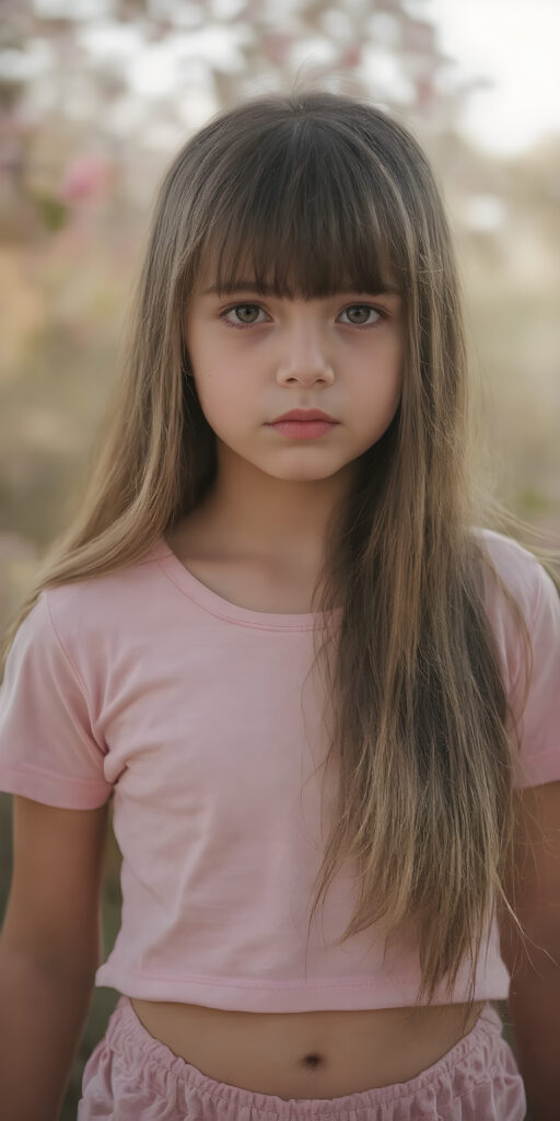 a (((very cute young girl))), with luxuriously long, straight thick soft hair that extends past her shoulders and bangs that are cut to frame her face, dressed in a (((high-cut t-shirt))) that accentuates her (((perfect navel))) and (soft, youthful thighs). Her face is flawless with (clear skin) and (full, rosy lips) that add to her youthful appeal. She poses (full body side view) on a natural spring backdrop, highlighting her (navel) and (soft legs) in a playful yet sophisticated spring floral outfit