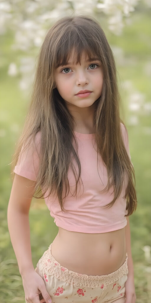 a (((very cute young girl))), with luxuriously long, straight thick soft hair that extends past her shoulders and bangs that are cut to frame her face, dressed in a (((high-cut t-shirt))) that accentuates her (((perfect navel))) and (soft, youthful thighs). Her face is flawless with (clear skin) and (full, rosy lips) that add to her youthful appeal. She poses (full body side view) on a natural spring backdrop, highlighting her (navel) and (soft legs) in a playful yet sophisticated spring floral outfit