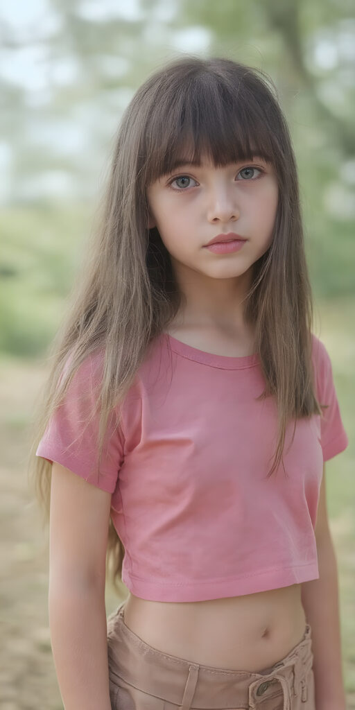 a (((very cute young girl))), with luxuriously long, straight thick soft hair that extends past her shoulders and bangs that are cut to frame her face, dressed in a (((high-cut t-shirt))) that accentuates her (((perfect navel))) and (soft, youthful thighs). Her face is flawless with (clear skin) and (full, rosy lips) that add to her youthful appeal. She poses (full body side view) on a natural spring backdrop, highlighting her (navel) and (soft legs) in a playful yet sophisticated spring floral outfit