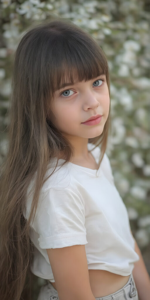 a (((very cute young girl))), with luxuriously long, straight thick soft hair that extends past her shoulders and bangs that are cut to frame her face, dressed in a (((high-cut t-shirt))) that accentuates her (((perfect navel))) and (soft, youthful thighs). Her face is flawless with (clear skin) and (full, rosy lips) that add to her youthful appeal. She poses (full body side view) on a natural spring backdrop, highlighting her (navel) and (soft legs) in a playful yet sophisticated spring floral outfit