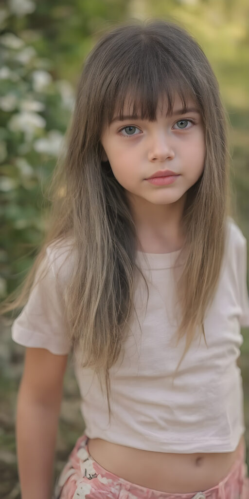 a (((very cute young girl))), with luxuriously long, straight thick soft hair that extends past her shoulders and bangs that are cut to frame her face, dressed in a (((high-cut t-shirt))) that accentuates her (((perfect navel))) and (soft, youthful thighs). Her face is flawless with (clear skin) and (full, rosy lips) that add to her youthful appeal. She poses (full body side view) on a natural spring backdrop, highlighting her (navel) and (soft legs) in a playful yet sophisticated spring floral outfit