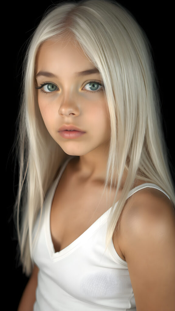 a very cute young teen girl, with straight soft long white hair, with naturally soft and slightly tanned skin, her lips are full and devoid of pigmentation, wearing a tight short thin v-neck white tank top. The background is black. She exudes stunning beauty, in a fashion sense, photo-realistic, 4k, high quality and detailed details in her features and surroundings. full body view ((upper body inclusive)), showcasing her beautiful and natural looking skin and perfectly straight hair, in a classic portrait position, with a warm and soft light effect