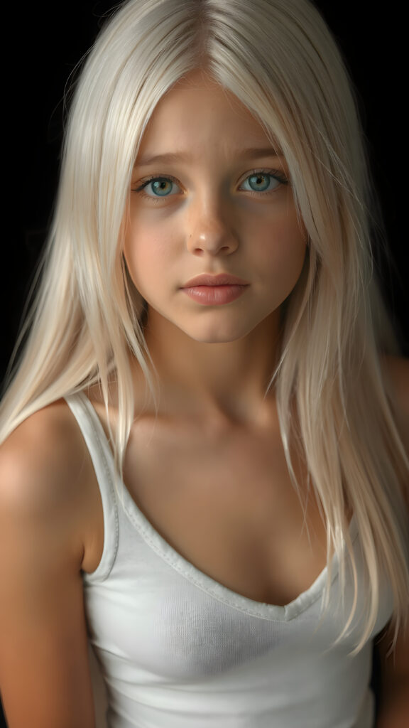 a very cute young teen girl, with straight soft long white hair, with naturally soft and slightly tanned skin, her lips are full and devoid of pigmentation, wearing a tight short thin v-neck white tank top. The background is black. She exudes stunning beauty, in a fashion sense, photo-realistic, 4k, high quality and detailed details in her features and surroundings. full body view ((upper body inclusive)), showcasing her beautiful and natural looking skin and perfectly straight hair, in a classic portrait position, with a warm and soft light effect