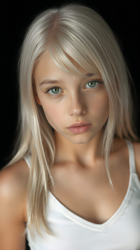 a very cute young teen girl, with straight soft long white hair, with naturally soft and slightly tanned skin, her lips are full and devoid of pigmentation, wearing a tight short thin v-neck white tank top. The background is black. She exudes stunning beauty, in a fashion sense, photo-realistic, 4k, high quality and detailed details in her features and surroundings. full body view ((upper body inclusive)), showcasing her beautiful and natural looking skin and perfectly straight hair, in a classic portrait position, with a warm and soft light effect