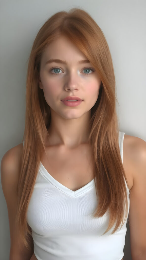 a very cute young busty teen girl, with straight soft long red hair, with naturally soft and slightly tanned skin, her lips are full and devoid of pigmentation, wearing a tight short thin v-neck white tank top. The background is a simple grey and white (plain and sleek) one for a perfect, classic and modern look. She exudes stunning beauty, in a fashion sense, photo-realistic, 4k, high quality and detailed details in her features and surroundings. full body view ((upper body inclusive)), showcasing her beautiful and natural looking skin and perfectly straight hair, in a classic portrait position, with a warm and soft light effect.