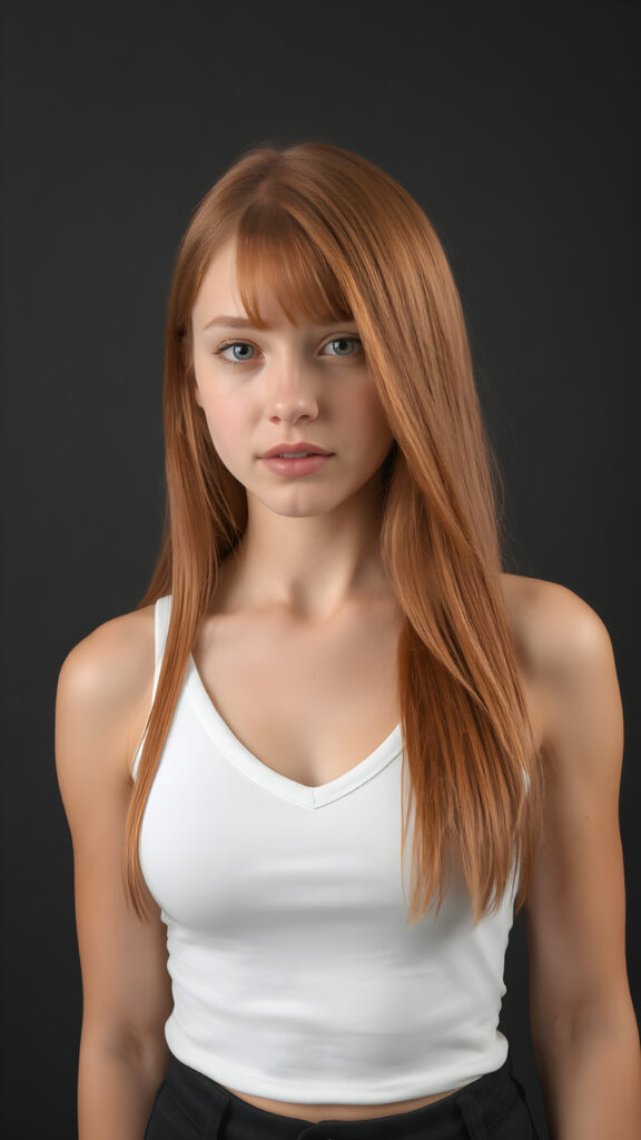 a very cute young busty teen girl, with straight soft long red hair, with naturally soft and slightly tanned skin, her lips are full and devoid of pigmentation, wearing a tight short thin v-neck white tank top. The background is a simple grey and white (plain and sleek) one for a perfect, classic and modern look. She exudes stunning beauty, in a fashion sense, photo-realistic, 4k, high quality and detailed details in her features and surroundings. full body view ((upper body inclusive)), showcasing her beautiful and natural looking skin and perfectly straight hair, in a classic portrait position, with a warm and soft light effect, all against a dark, black backdrop