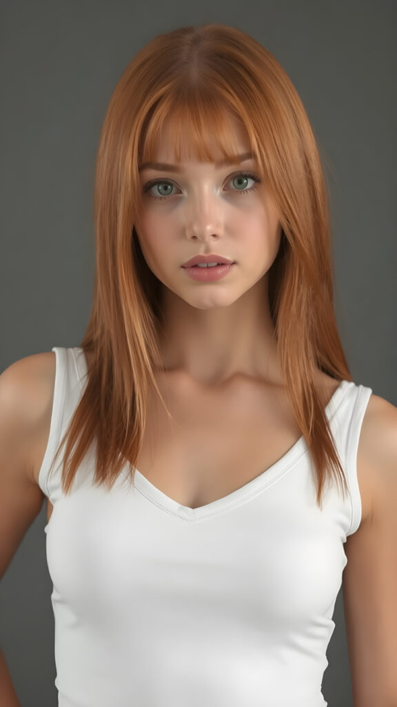 a very cute young busty teen girl, with straight soft long red hair, with naturally soft and slightly tanned skin, her lips are full and devoid of pigmentation, wearing a tight short thin v-neck white tank top. The background is a simple grey and white (plain and sleek) one for a perfect, classic and modern look. She exudes stunning beauty, in a fashion sense, photo-realistic, 4k, high quality and detailed details in her features and surroundings. full body view ((upper body inclusive)), showcasing her beautiful and natural looking skin and perfectly straight hair, in a classic portrait position, with a warm and soft light effect, all against a dark, black backdrop