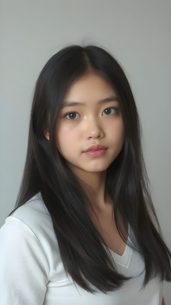 a very cute young teen girl, ((merged Exotic and Asian)) with straight soft long obsidian black hair, with naturally soft and slightly tanned skin, her lips are full and devoid of pigmentation, wearing a tight short thin v-neck white t-shirt. The background is a simple grey and white (plain and sleek) one for a perfect, classic and modern look. She exudes stunning beauty, in a fashion sense, photo-realistic, 4k, high quality and detailed details in her features and surroundings. full body view ((upper body inclusive)), showcasing her beautiful and natural looking skin and perfectly straight hair, in a classic portrait position, with a warm and soft light effect.