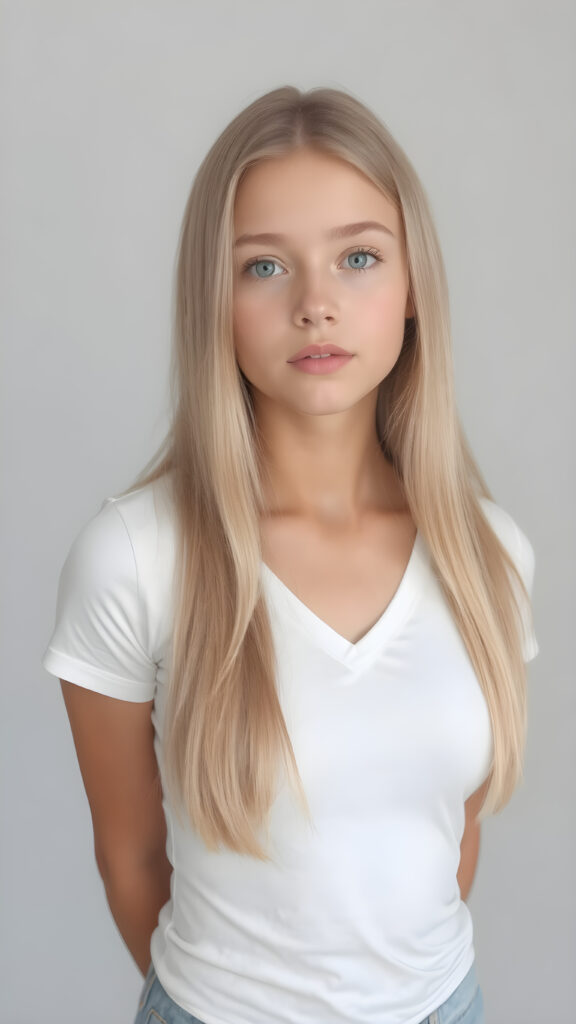 a very cute young busty teen girl, with straight soft long light blond hair, with naturally soft and slightly tanned skin, her lips are full and devoid of pigmentation, wearing a tight short thin v-neck white t-shirt. The background is a simple grey and white (plain and sleek) one for a perfect, classic and modern look. She exudes stunning beauty, in a fashion sense, photo-realistic, 4k, high quality and detailed details in her features and surroundings. full body view ((upper body inclusive)), showcasing her beautiful and natural looking skin and perfectly straight hair, in a classic portrait position, with a warm and soft light effect