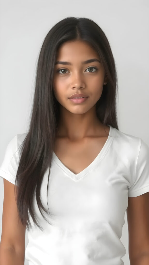 a very cute young mixed Exotic and Latino teen girl, with straight soft long obsidian black hair, with naturally soft and slightly tanned skin, her lips are full and devoid of pigmentation, wearing a tight short thin v-neck white t-shirt. The background is a simple grey and white (plain and sleek) one for a perfect, classic and modern look. She exudes stunning beauty, in a fashion sense, photo-realistic, 4k, high quality and detailed details in her features and surroundings. full body view ((upper body inclusive)), showcasing her beautiful and natural looking skin and perfectly straight hair, in a classic portrait position, with a warm and soft light effect.