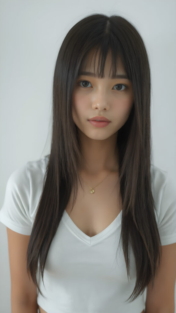 a very cute young teen girl, ((merged Exotic and Asian)) with straight soft long obsidian black hair, with naturally soft and slightly tanned skin, her lips are full and devoid of pigmentation, wearing a tight short thin v-neck white t-shirt. The background is a simple grey and white (plain and sleek) one for a perfect, classic and modern look. She exudes stunning beauty, in a fashion sense, photo-realistic, 4k, high quality and detailed details in her features and surroundings. full body view ((upper body inclusive)), showcasing her beautiful and natural looking skin and perfectly straight hair, in a classic portrait position, with a warm and soft light effect.