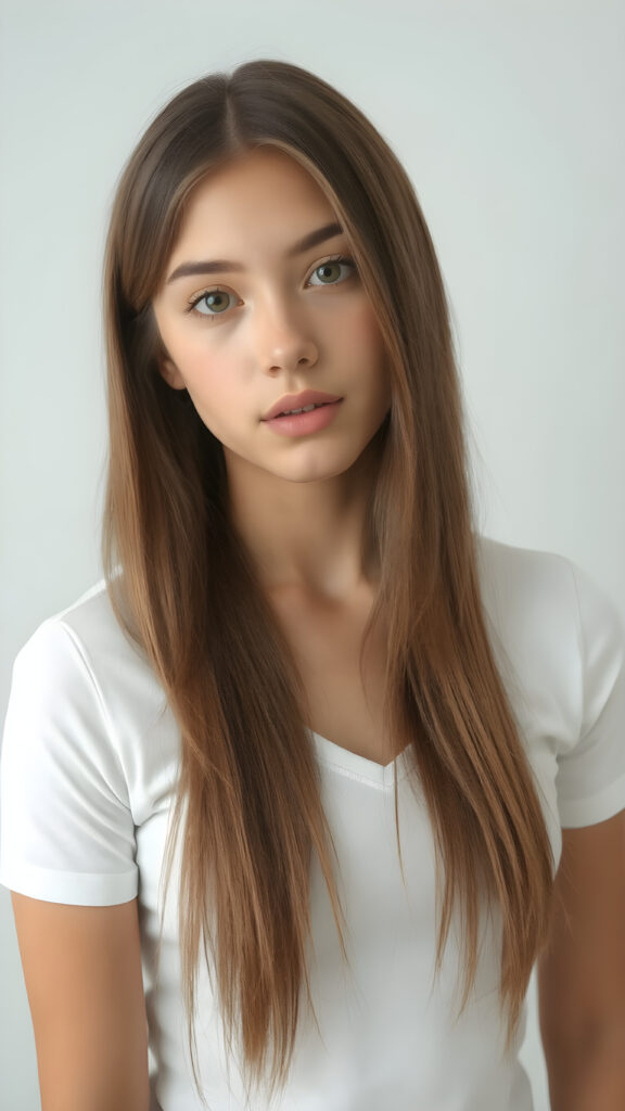 a very cute young busty teen girl, with straight soft long hair, with naturally soft and slightly tanned skin, her lips are full and devoid of pigmentation, wearing a tight short thin v-neck white t-shirt. The background is a simple grey and white (plain and sleek) one for a perfect, classic and modern look. She exudes stunning beauty, in a fashion sense, photo-realistic, 4k, high quality and detailed details in her features and surroundings. full body view ((upper body inclusive)), showcasing her beautiful and natural looking skin and perfectly straight hair, in a classic portrait position, with a warm and soft light effect.